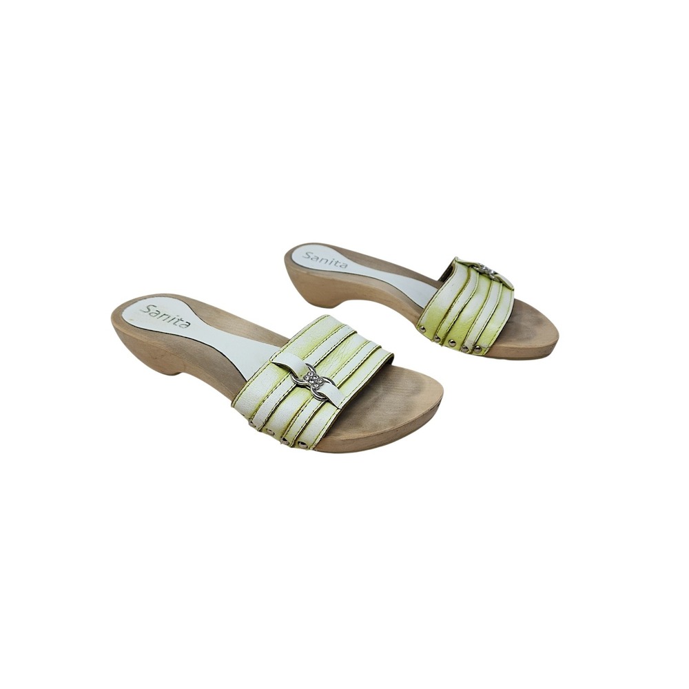 Sanita Slides Clogs 39 US 8 Womens White Green Leather Wood Studded Rhinestone